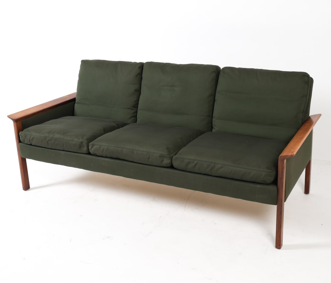 ATTR. HANS OLSEN DANISH ROSEWOOD SOFA C. 1960S: Dimensions: H 28" x W 71" x D 27.5", SH 17". Condition: Minor dings and scuffs to rosewood. Slight blemishes to upholstery. Wear consistent with age and use. GCD037