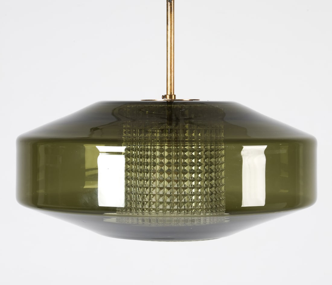 CARL FAGERLUND FOR ORREFORS UFO PENDANT LIGHT: Danish, Circa1960s Dimensions: H 12.25" x Dia 15" Condition: Green glass shade has minor nicks to edges. May need rewiring. Untested. Presents well overall.