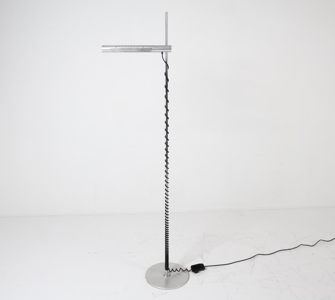 BALTENSWEILER SWISSLAMPS 'HALO 250' FLOOR LAMP: Designed by Rosemarie & Rico Baltensweiler. Steel base with aluminum shade. Tag under shade. Switzerland, 20th century. Dimensions: H 70.5" x W 21.5" x Base Dia. 12.25". Condition: Wiring untested, co