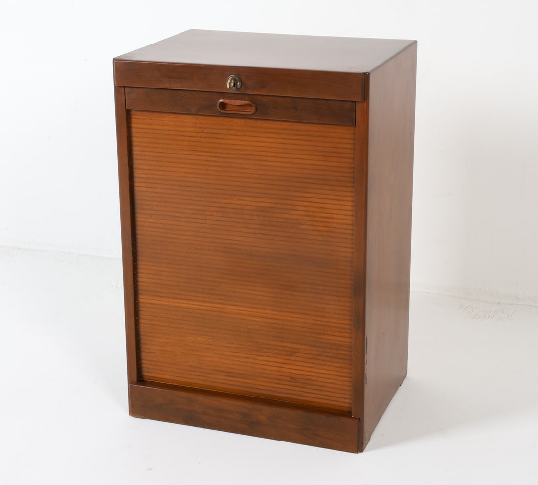 DANISH BEECH TAMBOUR DOOR FILE CABINET C. 1960S: Includes (1) key. Drop down tambour door with interior drawers. Dimensions: H 29.5" x W 20" x D 15.25" Condition: Minor scattered dings. Presents well overall. GCD182