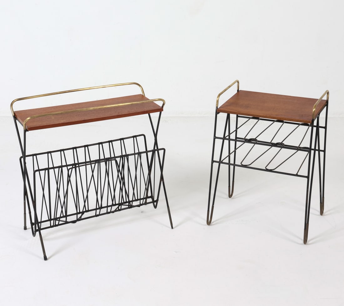 (2) DANISH TEAK & IRON MAGAZINE RACKS C. 1960S: Dimensions: (largest) H 17.25" x W 16.75" x D 8.5" Condition: Scattered marks, with tarnishing to iron. Brass handle to largest one has separation. Wear consistent with age and use. GCD199