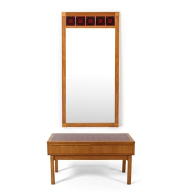 SWEDISH OAK & TILE LOW CHEST W/ MIRROR C. 1960S