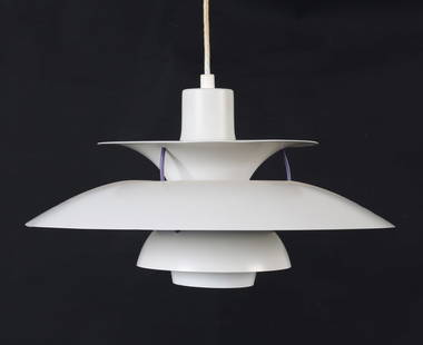 POUL HENNINGSEN PH5 PENDANT LIGHT C. 1970S: For Louis Poulsen. Tag inside near bulb. Denmark, circa 1970s. Dimensions: H 10.5" x Dia. 19.75". Condition: Slight dent to shade. Wiring untested, cord cut. Wear consistent with age and use. GCD119