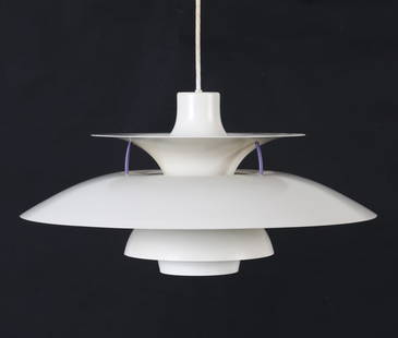 POUL HENNINGSEN PH5 PENDANT LIGHT C. 1970S: For Louis Poulsen. Apparenly without tags. Dimensions: H 10.5" x Dia. 19.75". Condition: Wiring untested. Few scuffs and scratches to shade. Minor discoloration. Wear consistent with age and use. GCD1
