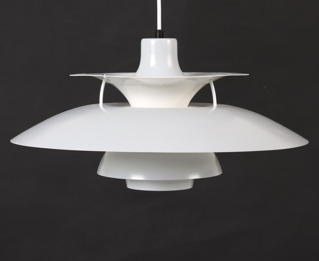 POUL HENNINGSEN PH5 PENDANT LIGHT C. 1970S: Tag inside near socket. Denmark, circa 1970s. Dimensions: H 11" x Dia. 19.25". Condition: Wiring untested. Some surface soiling to shade, few scuffs and dings. Wear consistent with age and use. GCD095