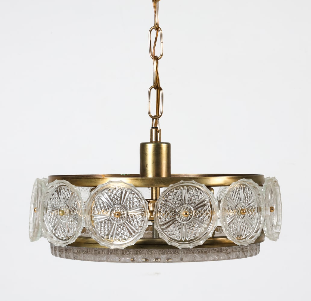 CARL FAGERLUND FOR ORREFORS CHANDELIER: Danish. Circa 1970s. Brass-tone metal with textured glass medallions Dimensions: H 7" x Dia 13.75" Condition: Metal frame has slight tarnishing and marks. Untested. Wear consistent with age and use. G