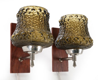 PAIR SCANDINAVIAN TEAK & GLASS SCONCES C. 1960S