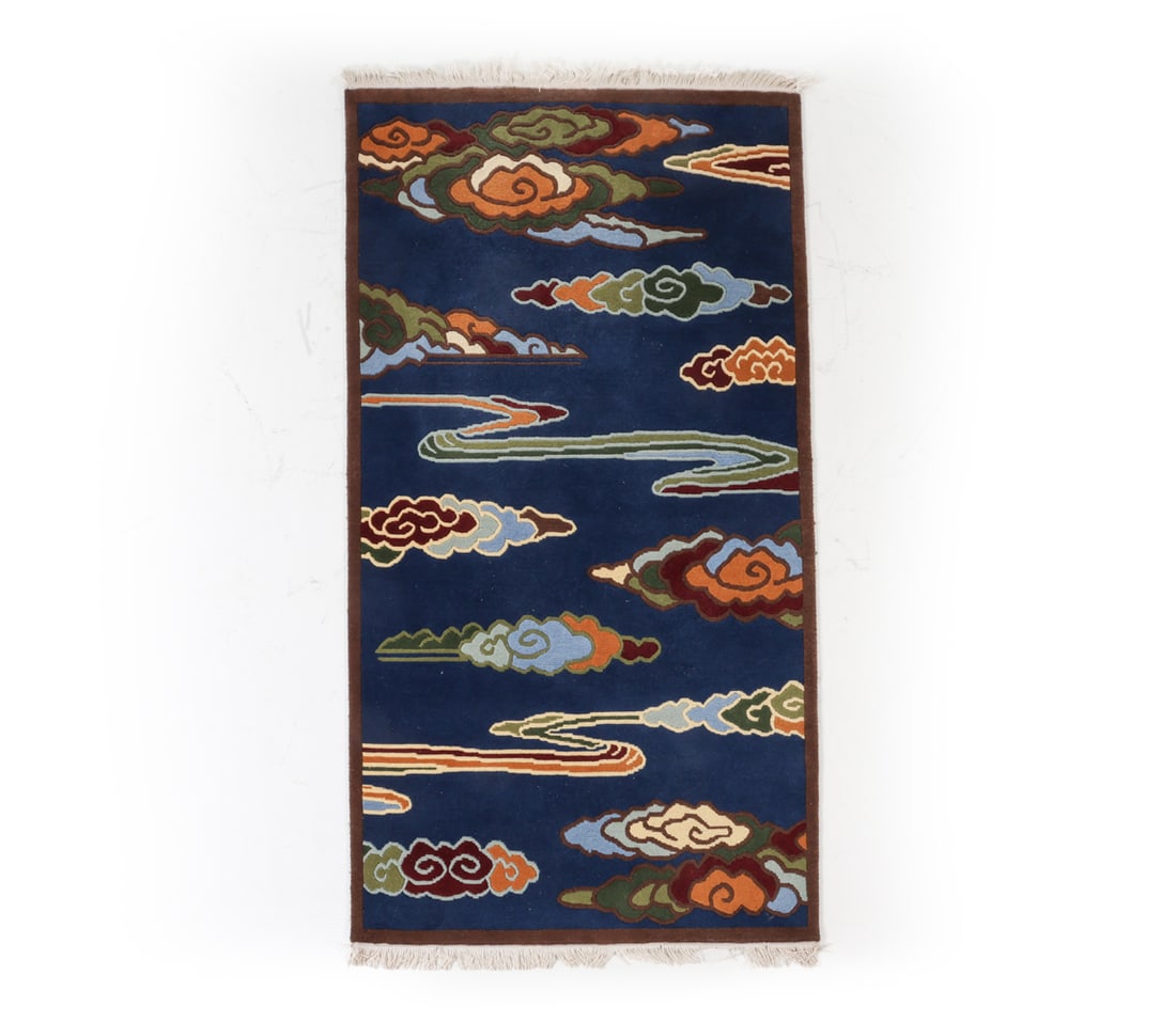 CHINOISERIE STYLE SCANDINAVIAN WOOL AREA RUG 1970S: Dimensions: L 75" x W 36" Condition: Minor discoloration to edges. Minor blemishes. Cleaning recommended. Presents well overall. GCD210