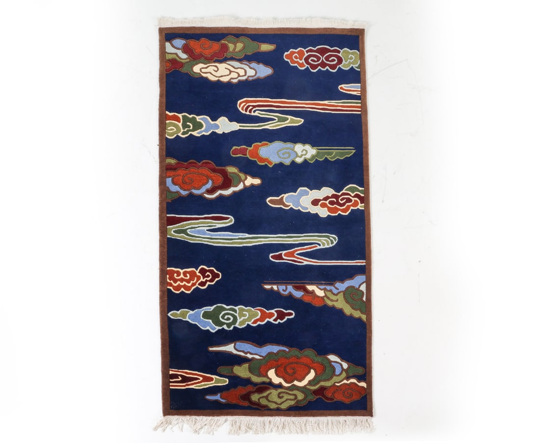 CHINOISERIE STYLE SCANDINAVIAN WOOL AREA RUG 1970S: Dimensions: L 75" x W 36" Condition: Minor discoloration to edges. Cleaning recommended. Presents well overall. GCD211