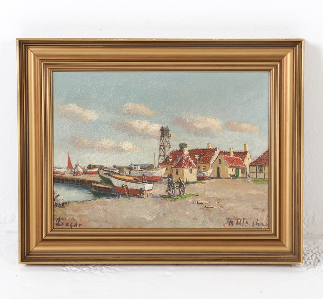 TH. ULRICHSEN (1905-1970) - HARBOR PAINTING O/C: Theodore Ulrichsen. Titled 'Dragor' in lower left corner. Signed by artist in lower right corner. Dimensions: Frame H 13.5" x W 17". Canvas H 10" x W 13.5". Condition: Few small dings to frame, presen