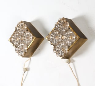 PAIR SCANDINAVIAN BRASS BUBBLE GLASS SCONCES 1960S