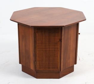 MID-CENTURY WALNUT & RATTAN SIDE TABLE