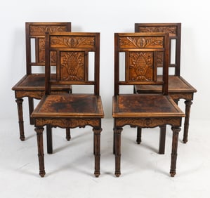 (4) FRENCH CARVED MAHOGANY & LEATHER CHAIRS