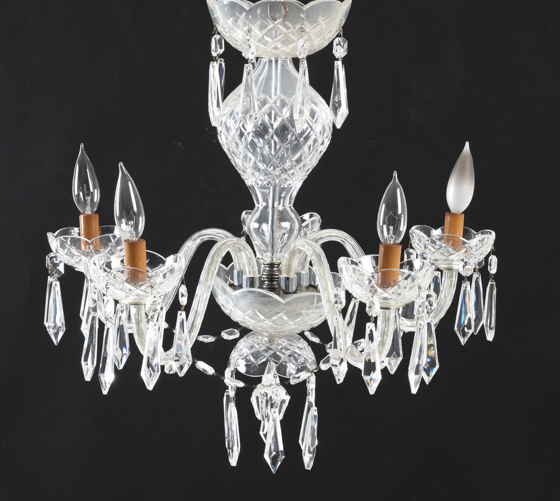 WATERFORD CRYSTAL CHANDELIER: No apparent markings. Dimensions: H 21" x Dia 22" Condition: Scattered nicks and dings to top dome. With extra hanging crystals. Untested. Presents well overall.