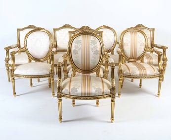 (8) LOUIS XVI STYLE GILDED SILK ARMCHAIRS