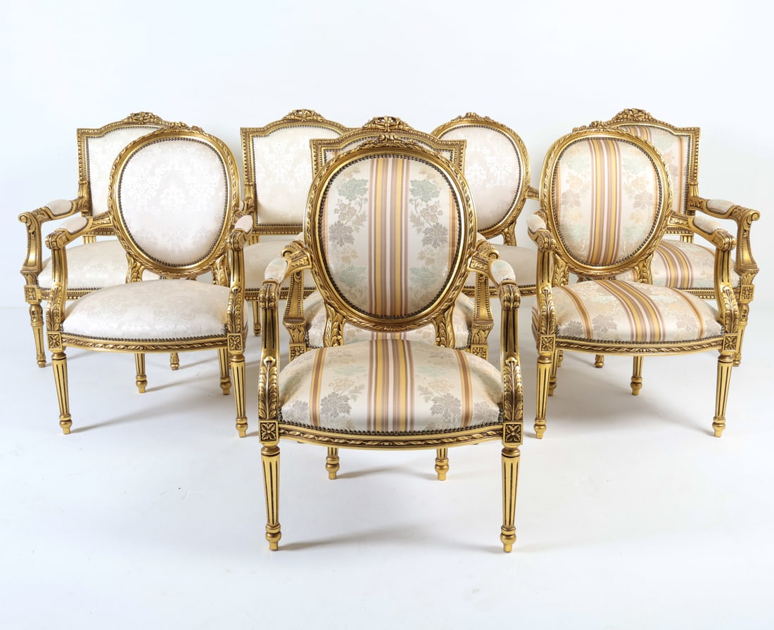 (8) LOUIS XVI STYLE GILDED SILK ARMCHAIRS (1 of 20)