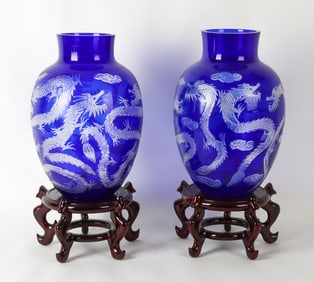 PAIR OF CHINESE COBALT PEKING GLASS VASES