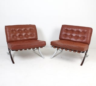 PAIR 'BARCELONA ' STYLE LEATHER & CHROME CHAIRS