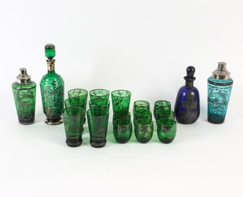 SILVER OVERLAY VENETIAN GLASS BARWARE
