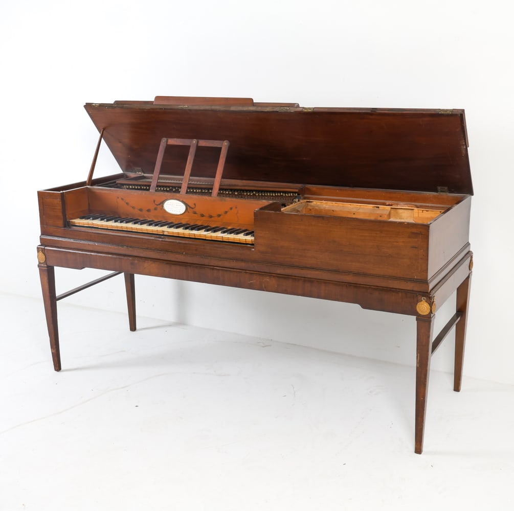 GEORGE III STYLE MAHOGANY SQUARE PIANO: Lift up top reveals Piano. Dimensions: H 30.25" x W 63" x D 22.5" Condition: Moderate scuff and scratches to legs and edges. Untested. Wear consistent with age and use.