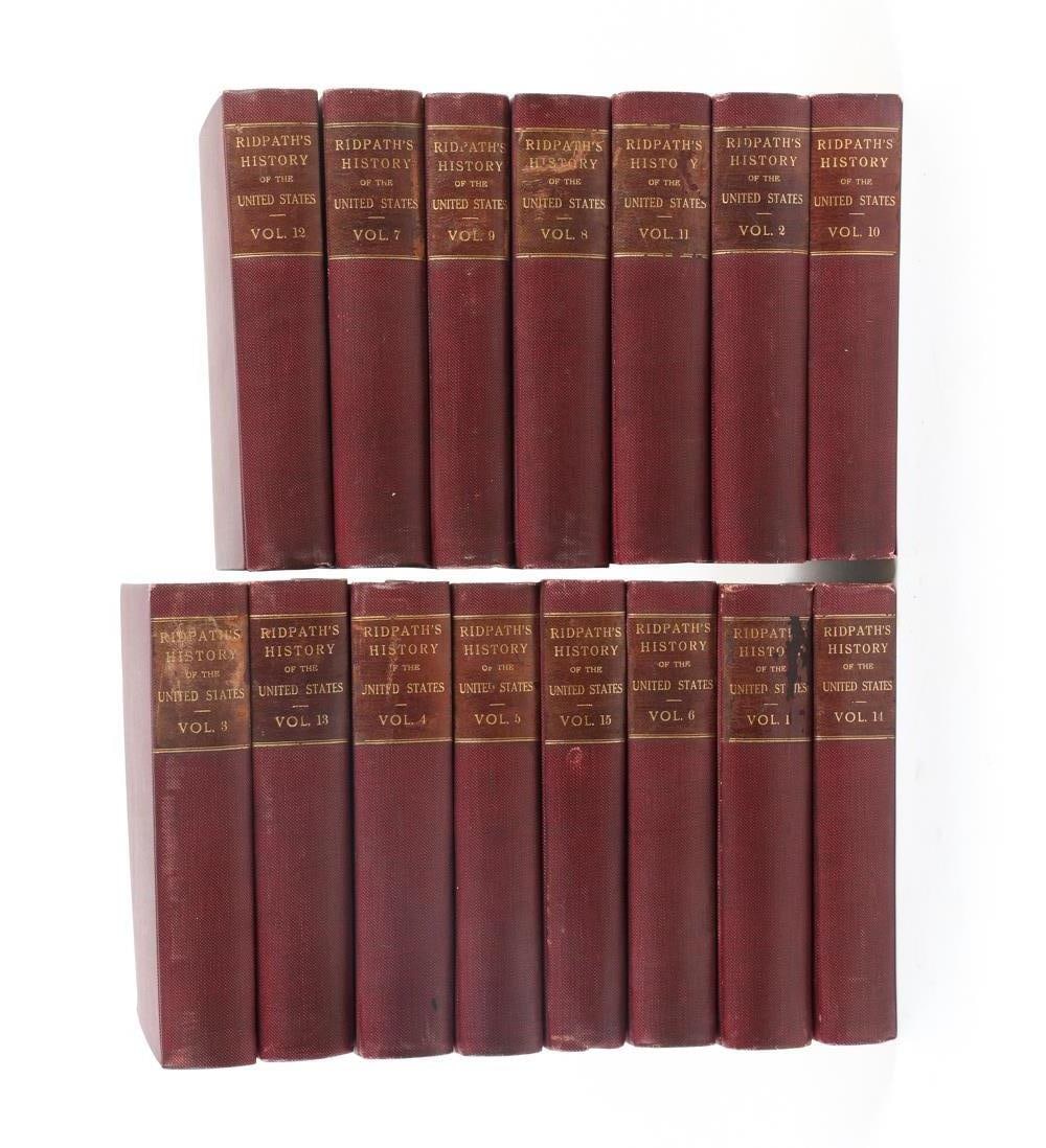 RIDPATH'S HISTORY OF THE UNITED STATES, 1905: By John Clark Ridpath, published by Jones Brothers, 1905. (15) Volumes. Dimensions: H 10.25" x W 7.5". Condition: Some wear and rubbing to dust jackets. Surface dust to page ends, slight foxing. Wear