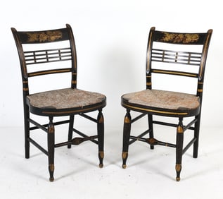 PAIR HITCHCOCK STYLE HAND PAINTED RUSH SEAT CHAIRS