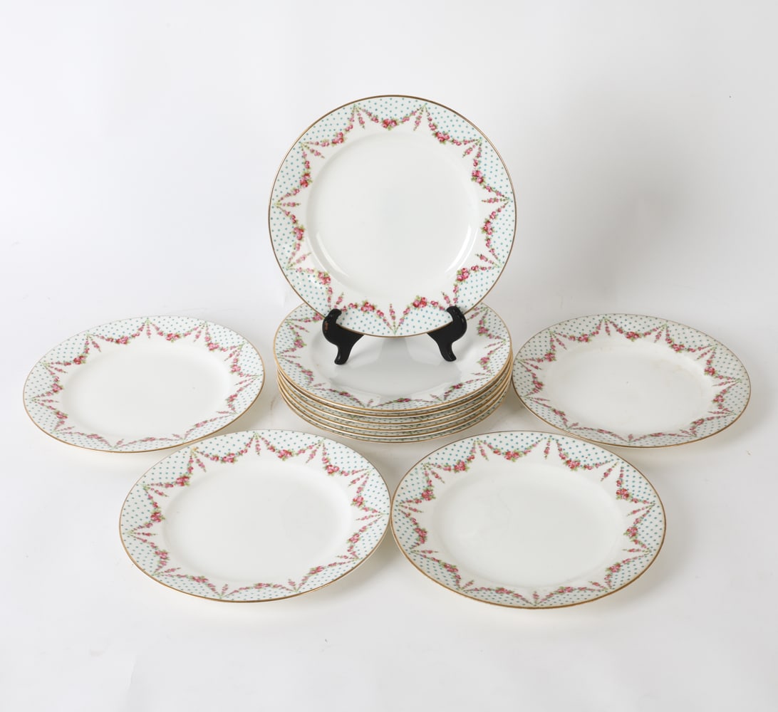 GILT & DECORATED PORCELAIN PLATES: Stamped to undersides. Dimensions: Dia 9" Condition: Moderate surface soiling to few dishes. Rubbing and loss to gilt rims. Wear consistent with age and use.