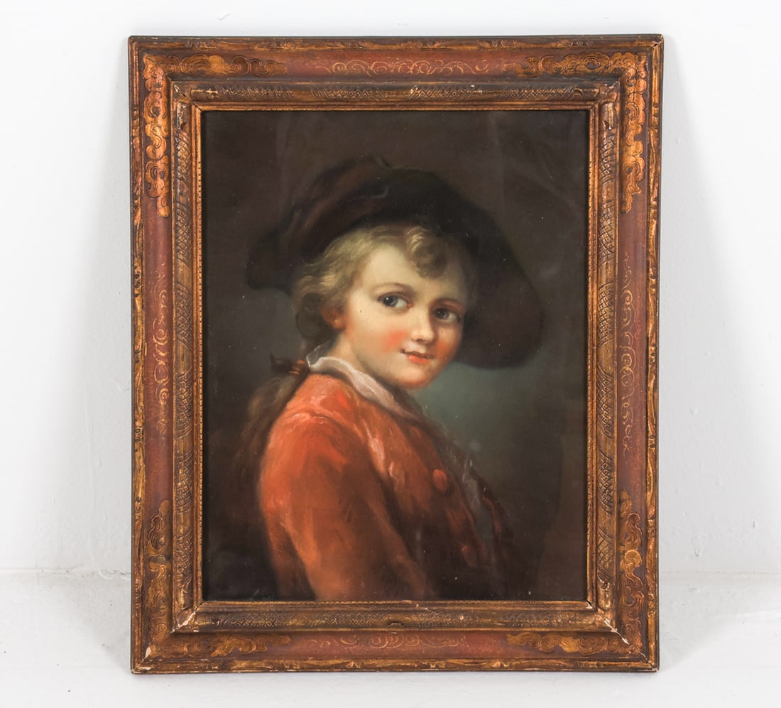 ANTIQUE FRENCH PORTRAIT OF A BOY: 19th c. 'Young Boy with Tricorn Hat'. Pastel on paper. Dimensions: Frame H 15.5" x W 12.5". Sight H 12" x W 9". Condition: There are a few chips to the frame, and the artwork has not been examined out