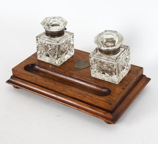 ANTIQUE ENGLISH OAK INK WELL DESK CADDY