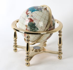 INLAID STONE & BRASS WORLD GLOBE