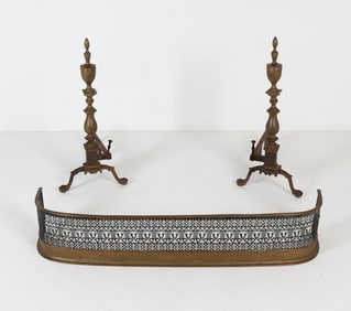 BRASS FIREPLACE FENDER & ANDIRONS