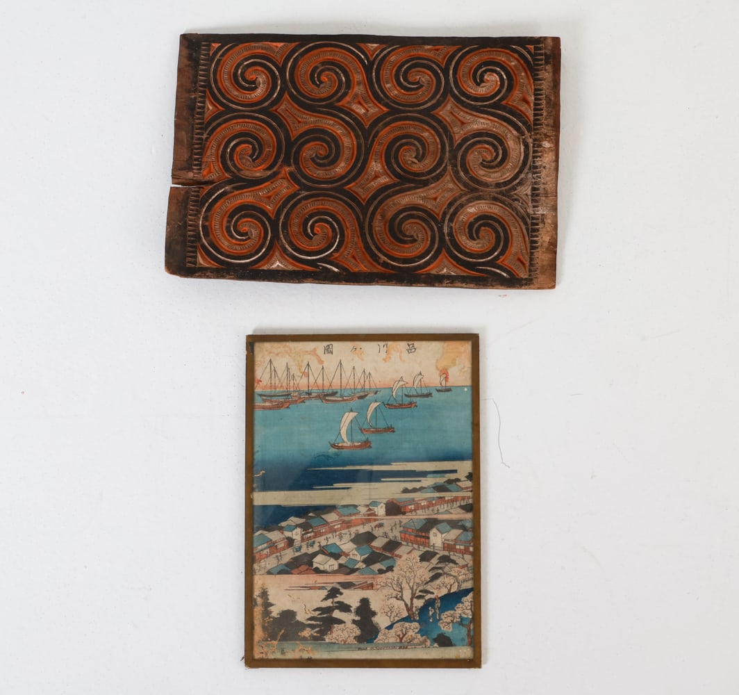 JAPANESE PRINT & INDONESIAN TORAJA PANEL: Includes carved and painted wooden panel. Together with after Hiroshige woodblock print. Dimensions: Carving H 17" x W 11.5". Condition: Apparent old insect damage to print, other minor losses. Scuffs