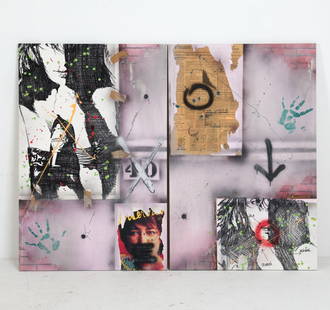 PAIR OF CONTEMPORARY ABSTRACT PAINTINGS A/C: A pair of contemporary abstract paintings using acrylic and mixed media on canvas Dimensions: H 44.5" x W 29.25". Condition: Some rubs along sides. Wear consistent with age and use.