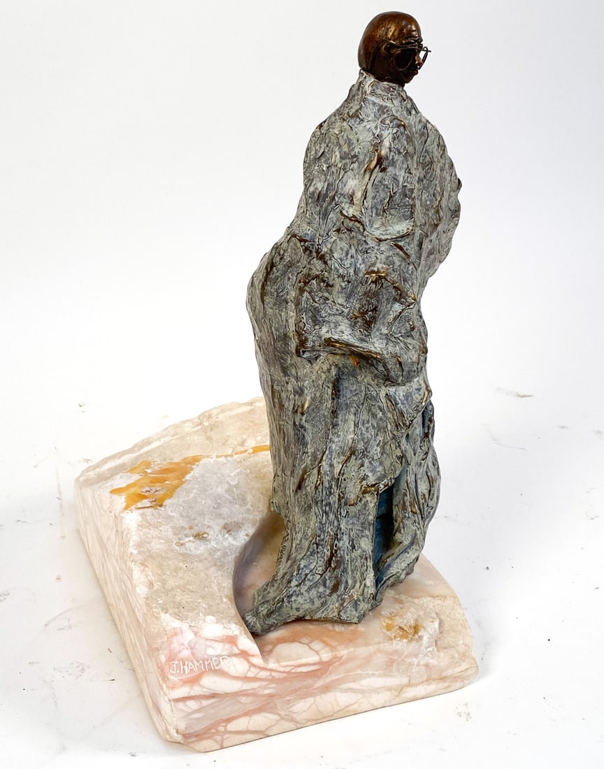 J. HAMMER MARBLE & BRONZE GANDHI SCULPTURE: Signed on marble base. Dimensions: H 16" x W 11" x D 8". Condition: Glasses have been reattached.