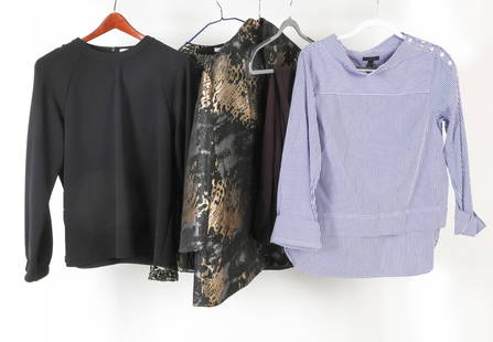 GROUPING OF WOMENS DESINGER CLOTHING: Includes Medium Tibi blouse. Size 40 Escada pants, size 10 J.Crew blouse. Medium Gracie Chuang blazer and size 6 Derek Lam 10 Crosby blouse. Dimensions: (Largest) (flat) L 31.5" x Waist 19.5" Conditio