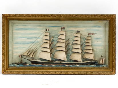 ANTIQUE FRENCH TALL SHIP DIORAMA IN FRAME: Unmarked/unsigned. Diorama appears to be made from wood that has been painted, with metal. In a gilded frame behind glass. Dimensions: H 21.5" x W 40.25" x D 5.25" Condition: Frame with small losses,