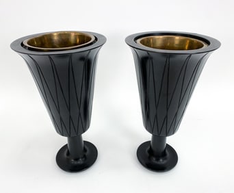PAIR OF SWISS DECO EBONY & BRASS URNS