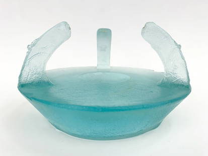 BALDERSON ART GLASS SCULPTURE: Signed to underside. With three glass raised prongs. Dimensions: H 4.75" x Dia 8.5" Condition: No center piece. Minor surface scuffs. Presents well overall.