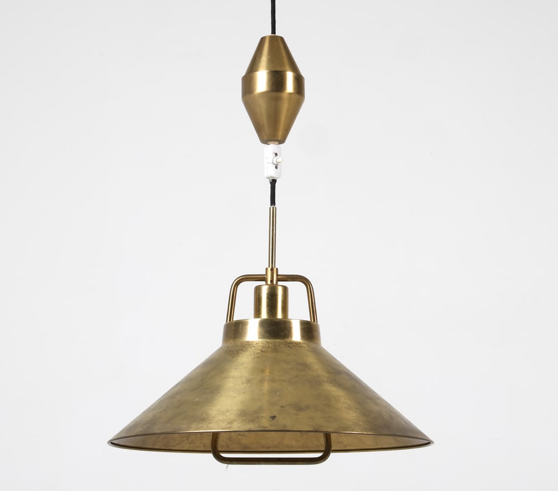 FRITZ SCHLEGEL FOR FOG & MORUP BRASS PENDANT LIGHT: Tag inside near top. Pulley for height adjustment. Denmark, circa 1970s. Dimensions: H 15" x Dia. 16". Condition: Wiring untested. Scuffs, rubs, and areas of tarnish to metal throughout. Wear consiste