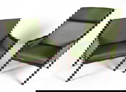 PAIR OLE WANSCHER FOR P. JEPPESEN LOUNGE CHAIRS: Labeled. His and hers. Mahogany frames with green wool upholstery. Dimensions: Largest H 40.5" x W 26" x D 27.5" x SH 17". Smallest H 32.5". Condition: Some perforations to fabric lined arms on inside