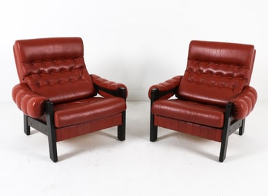 PAIR BRAZILIAN STYLE LEATHER & BEECH LOUNGE CHAIRS