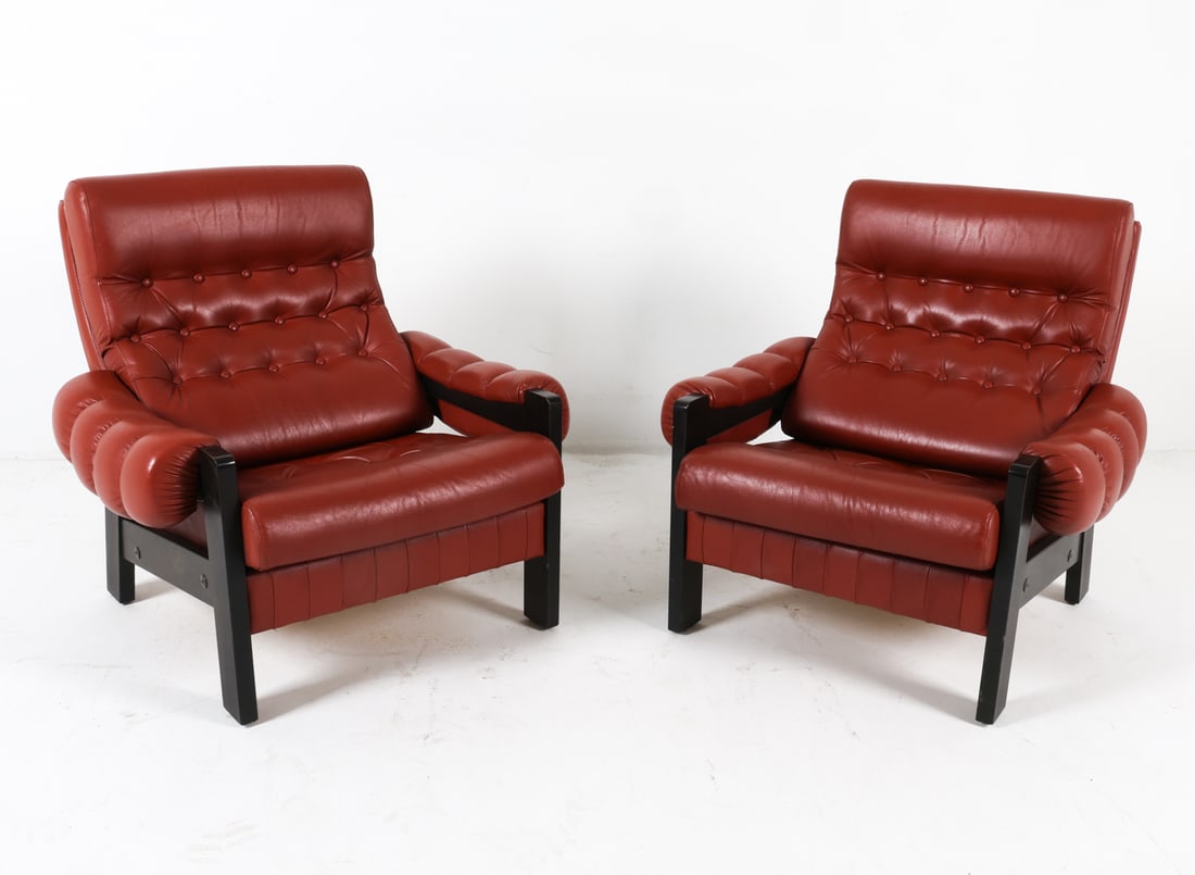 PAIR BRAZILIAN STYLE LEATHER & BEECH LOUNGE CHAIRS (1 of 15)
