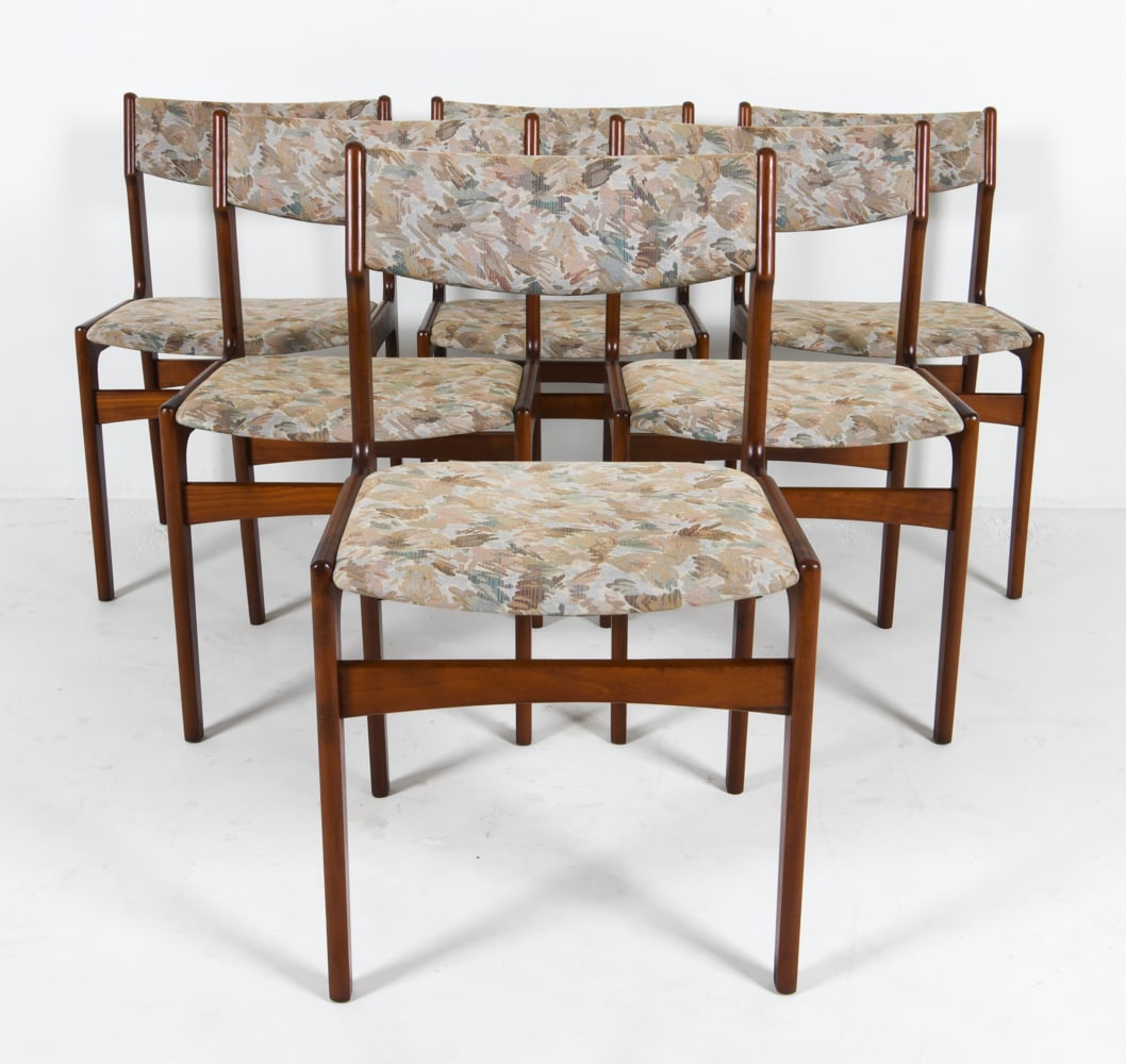 (6) ERIK BUCH DANISH BEECH DINING CHAIRS: With patterned fabric upholstery. Denmark, circa 1970s. Dimensions: H 32.5" x W 19" x D 19.25" x SH 18". Condition: Few minor scuffs and rubs to wood, good presentation overall.