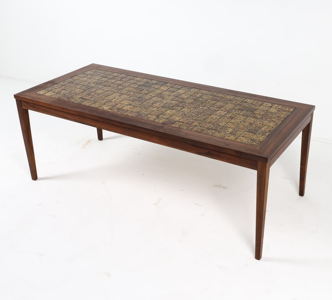SEVERIN HANSEN STYLE ROSEWOOD & TILE COFFEE TABLE: Denmark. Circa 1970s Dimensions: H 20.25" x W 55.75" x D 24.75" Condition: Scattered water marks and blemishes to edges. Wear consistent with age and use.