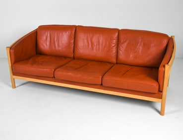 STOUBY DANISH BEECH & LEATHER SOFA C. 1970S