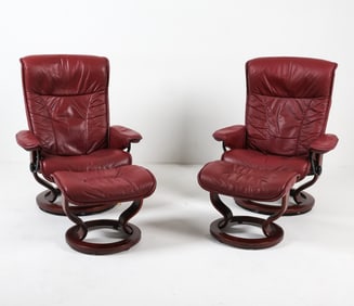 PAIR OF EKORNES "STRESSLESS' CHAIRS & OTTOMANS