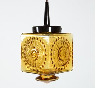 DANISH AMBER GLASS CUBE PENDANT LIGHT C. 1960S