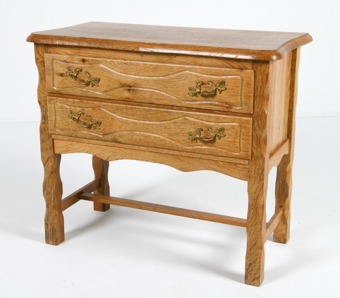 HENNING KAJERNULF STYLE DANISH OAK SIDE CHEST: Brass hardware. Denmark, circa 1970s. Dimensions: H 24" x W 27.5" x D 14". Condition: Few faint water spots to top. Wear consistent with age and use.