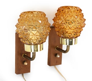 PAIR OF DANISH GLASS & TEAK WALL SCONCES C. 1960S