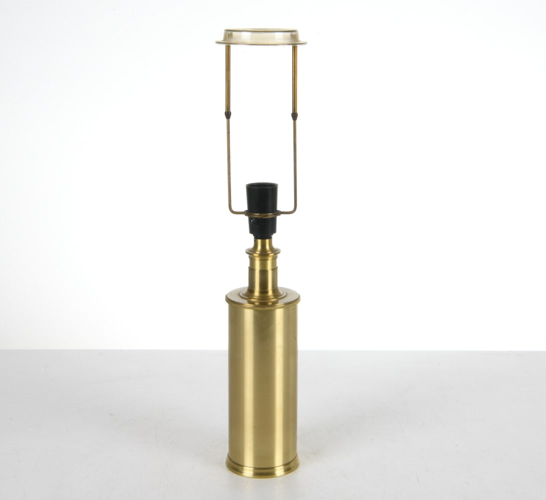 LE KLINT DANISH BRASS TABLE LAMP C. 1970S: Dimensions: H 22" x Dia. 3.5". Condition: Wiring untested, cord cut. Few scuffs to sides. Wear consistent with age and use.